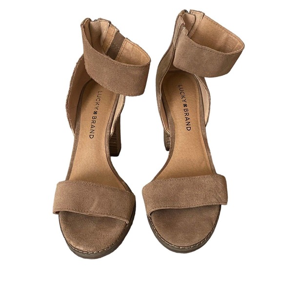 Lucky Brand 6.5 Lexara Heels Open Toe Sandals Block Heel Taupe Suede - Picture 5 of 13